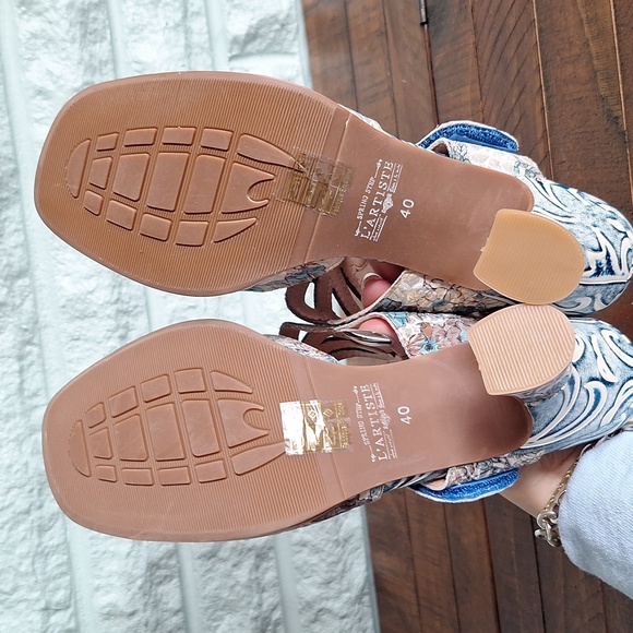 Nwot Lartiste Spring Step Blue Floral Leather Open Toe Heel Sandal Size 9 - Picture 7 of 8